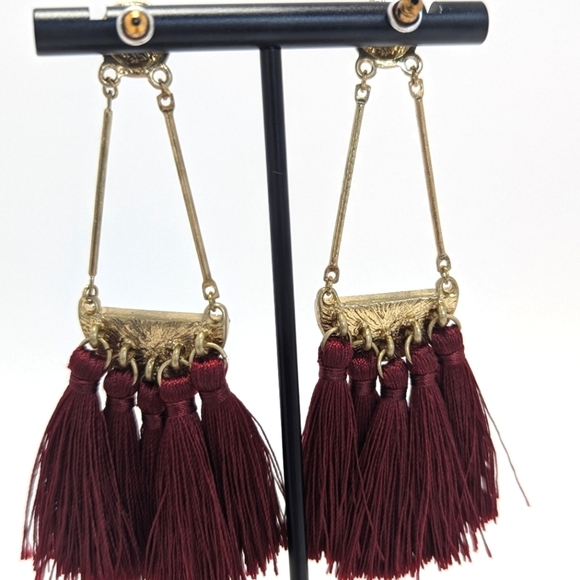 Vintage Burgundy Tassel Statement Earrings Boho Chic Jewelry - Picture 7 of 8